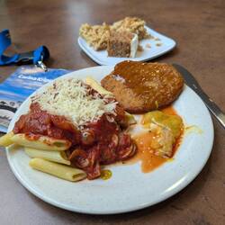 Noodles, meat, and dessert