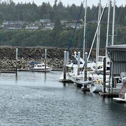 C-Traveler in a guest slip. Breakwater behind.