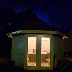 Emma in the hot tub in the gazebo