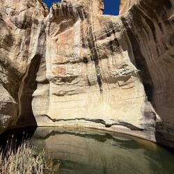 A natural pool attracted travellers from time immemorial- leaving petroglyphs, Spanish and English i