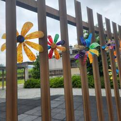 Kindergarten art from plastic bottles.