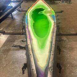 Steve sent Will photos of Little Rainboat in her mold in the factory