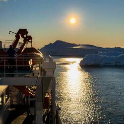 Maneuvering so the icebergs don't lock us in — Vahsel Bay, Antarctica.