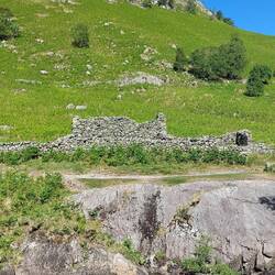 Langstrath Valley; view over Langstrath Beck to the ruins of Johnny House