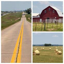 Route 66, daneben oft der Interstate, Häuser mit besonderen Dächern und unendlich viele Stohbballen