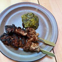 Grilled sweetbreads with sweet soy and shiso green tomato jam
