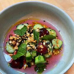 Cucumber and cherries with sour ume vinaigrette