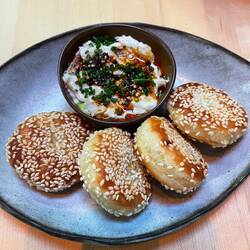 Sesame pancake with smoked halibut and celery