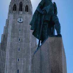 Sculpture of Leif Erikson in front of the church.