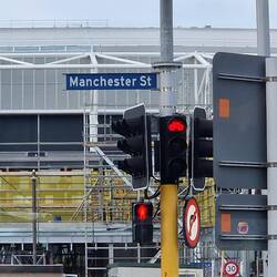 Manchester st !!and a new stadium behind, being built on land where property was lost in the earthqu