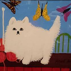 "White Cat With Yarn and Butterflies"