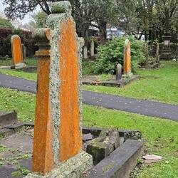 Lichen-covered headstones in Symonds Street Cemetery.