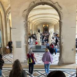 Looking down on the hallway of Renaissance sculptures.
