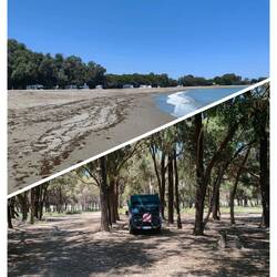 Rechts Strand, links Eukalyptusbäume