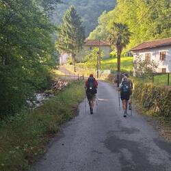 Leaving Valcarlos with my Camino family-Kim, Hunter n Ken