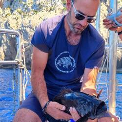 Un beau Cernier de 60 cm, pêché à 30 mètres de profondeur. Nous lui avons rendu sa liberté.