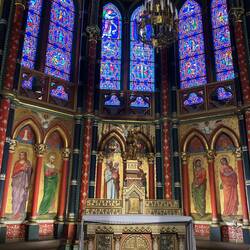Holy Mary Cathdral restored 19th c glass done in medieval style. Med paintings behind existing