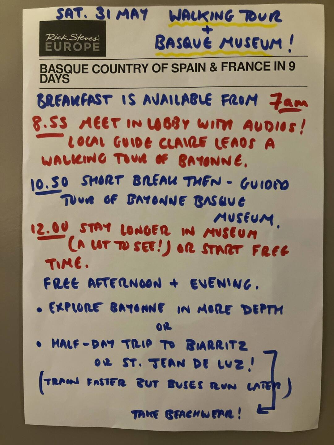 Typical posted day agenda sheet