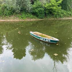Nach dem Gewitter: Treibendes Ruderboot im Lampertheimer Altrhein