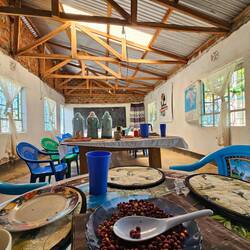 Our eating area, with freshly roasted groundnuts (peanuts)