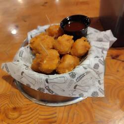 Frittierte Käsestücke im Hundenapf serviert.