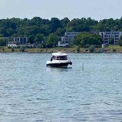 Onwater Ausbildungsboot auf dem Rhein bei Mainz - Mensch (Stock) über Bord!