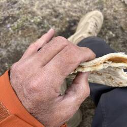 common trail snack, Roti (flat bread) with peanut butter and marmalade or honey
