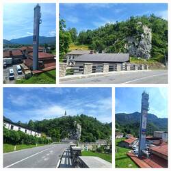 Kobarid, Blick auf das Beinhaus und die Molkerei