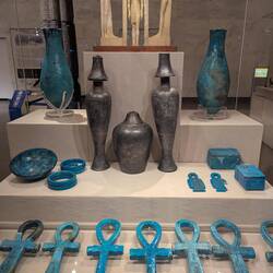 King Amenhotep II merged with the sun god. In blue, ankhs, a symbol of life
