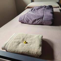 Cotton sheets, a blanket, and a towel with a chocolate on top!💕