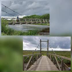 Brücke zum Skjern Havn (ein Naturbadesee mit Faßsaunen)