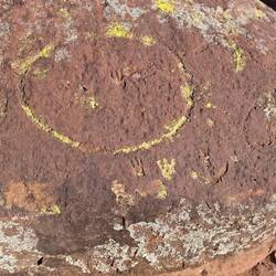 Rock carving depicts campground with tracks of the animals nearby