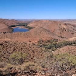 Aroona Dam from lookout 1/2 up Mt Aroona. Small white dot in right hand side is Ambie