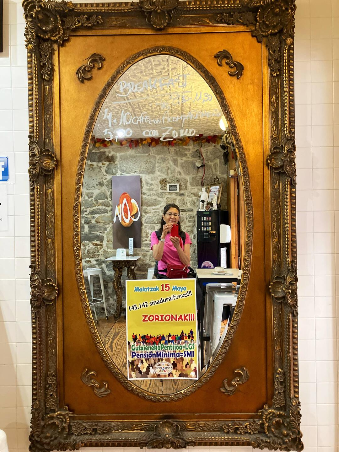 Having coffee in old town Bilbao waiting for our laundry cycle