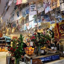 Money from all over the world from the cieling of a café.