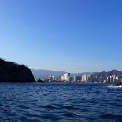 Looking back at Santa Marta though the narrow and shallow slot btwn Isla Morrito and the mainland.