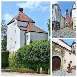 Storch auf dem Weyttertturm, unten Gäubodenmuseum