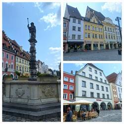 Jakobsbrunnen und verschiedene Gebäude am Ludwigsplatz (Marktplatz)