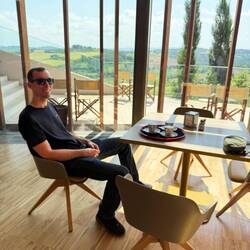 Chris loves his coffee! And this view!