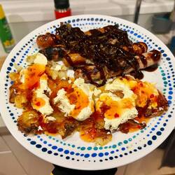 Smashed Baked Potato's with Chicken & Smoky Pork Sausages