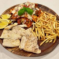 Kingfish, Fries, and Ravioli with Home Made Tomato Sauce