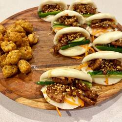 Pork Bao Buns with Crispy Potato Gems