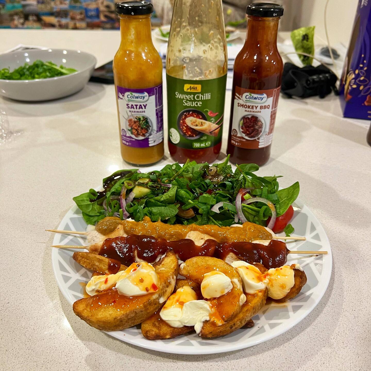 BBQ & Satay Chicken Skewers with Thai Salad and Potato Wedges