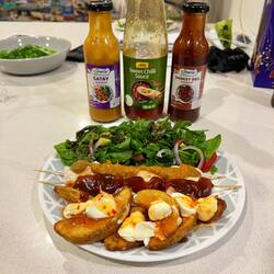 BBQ & Satay Chicken Skewers with Thai Salad and Potato Wedges