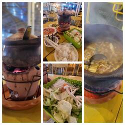 Make your own dinner, Thai Hot-Pot style. A spicey broth, choose your own meat.. add veg and herbs.