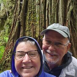 Our selfie by a giant redwood