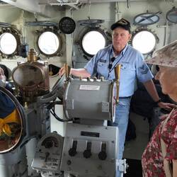 Pilot house, showing helm, compasses, engine telegraph, and shaft rpm control