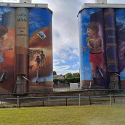 Silo art at Eudanda - designed by Colin Theile to represent 2 cultures sharing knowledge