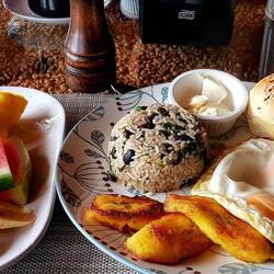 Typical Costa Rican breakfast. Rice with black beans, fruits and fried bananas are a must!