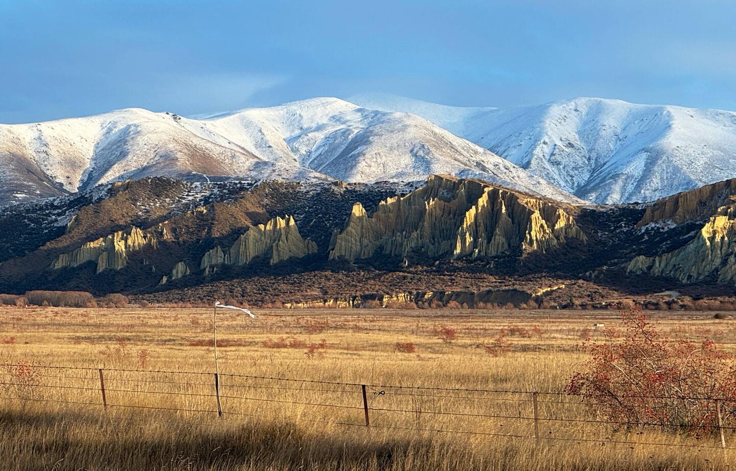 Clay Cliffs seen from highway 8 on our climb towards Lindis Pass